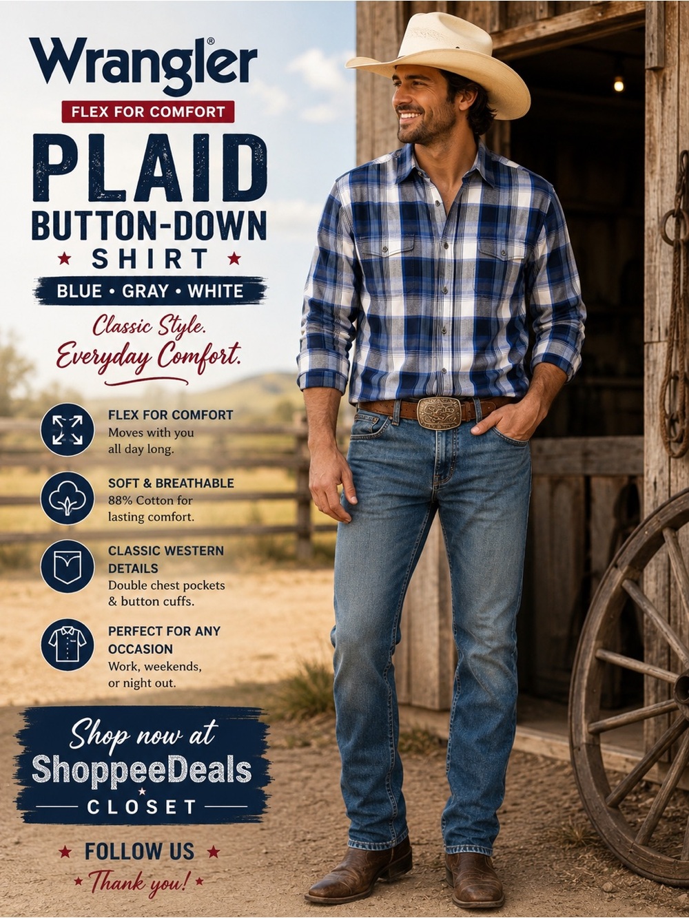 Wrangler Flex for Comfort Plaid Button-Down Shirt – Men’s XL – Blue/Gray/White